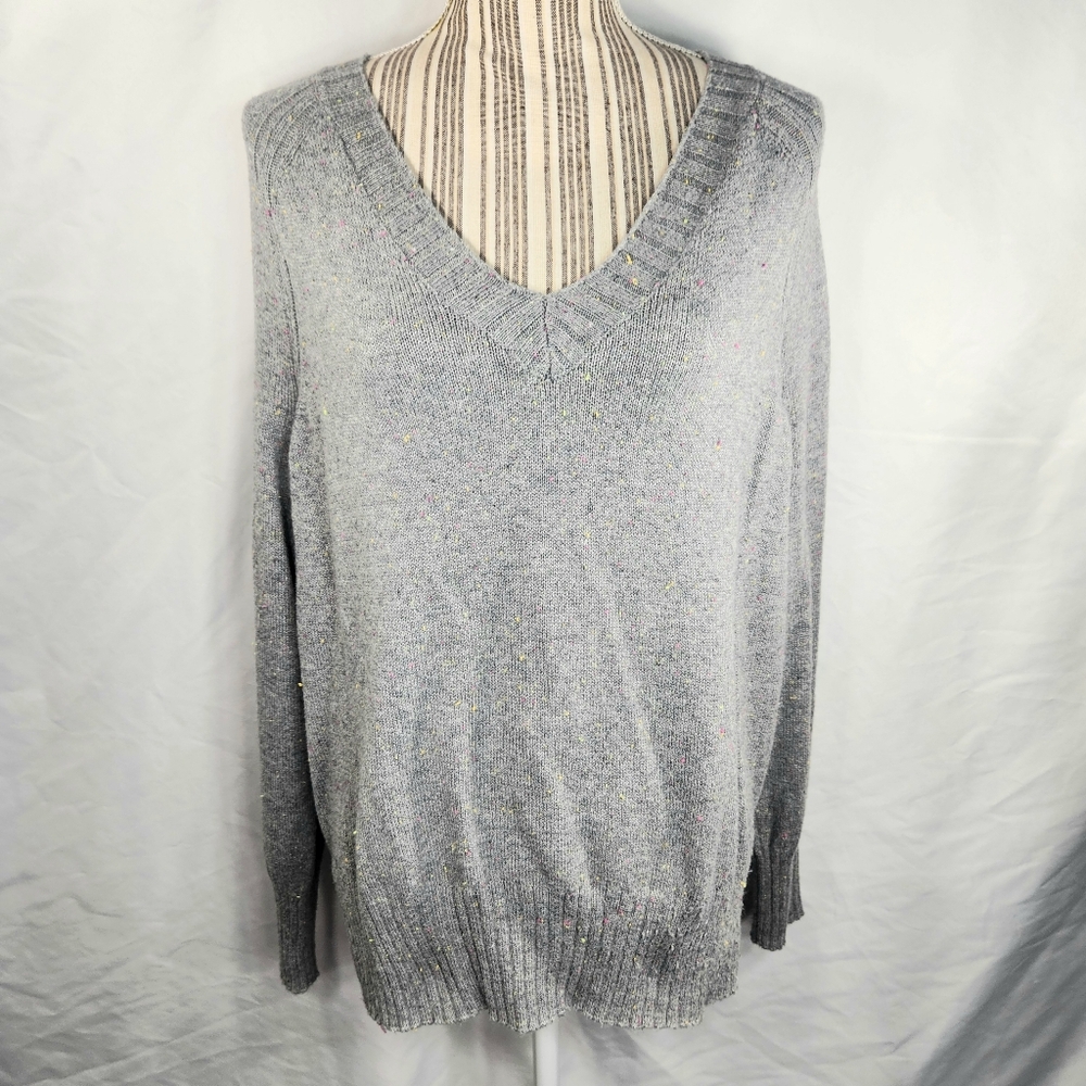 Old Navy Grey w/Speckled V Neck Cotton Blend Long Sleeve Sweater Size Medium